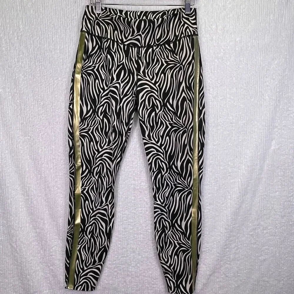 Fierce + Regal Black White Zebra Print Gold Stripe Workout Leggings Size Large